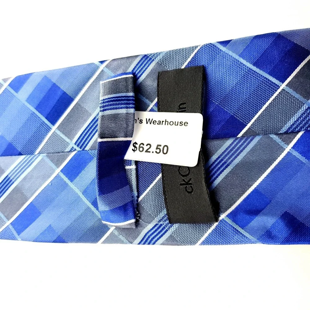 Calvin‎ Klein Blue Silk Tie Woven Skinny Plaids & Stripes